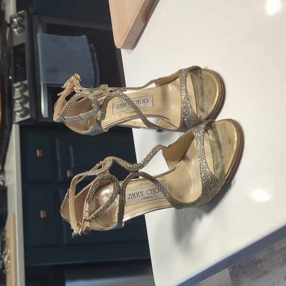 Jimmy Choo Lang Strappy Gold Heels - Picture 5 of 8